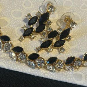 MONET Black/Clear Rhinestone Gold Tone Tennis Bracelet/Dangle Earrings SET